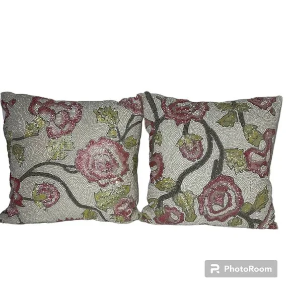 PRIMROSE VINTAGE Set of 2 Floral Pink Rose Beaded 12” Throw Decorative Pillows - Picture 1 of 15